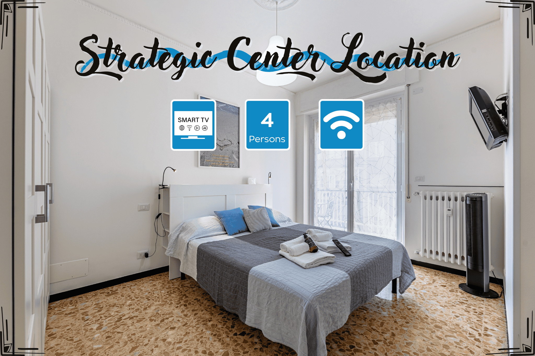 Camera da letto, balcone, armadio, lenzuola e asciugamani, smart tv